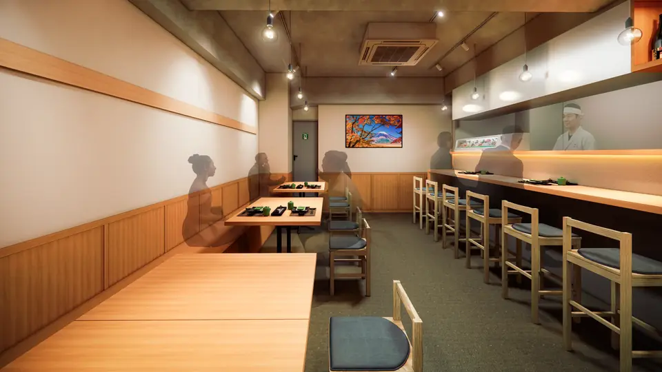 東京の寿司店の内観CGパース